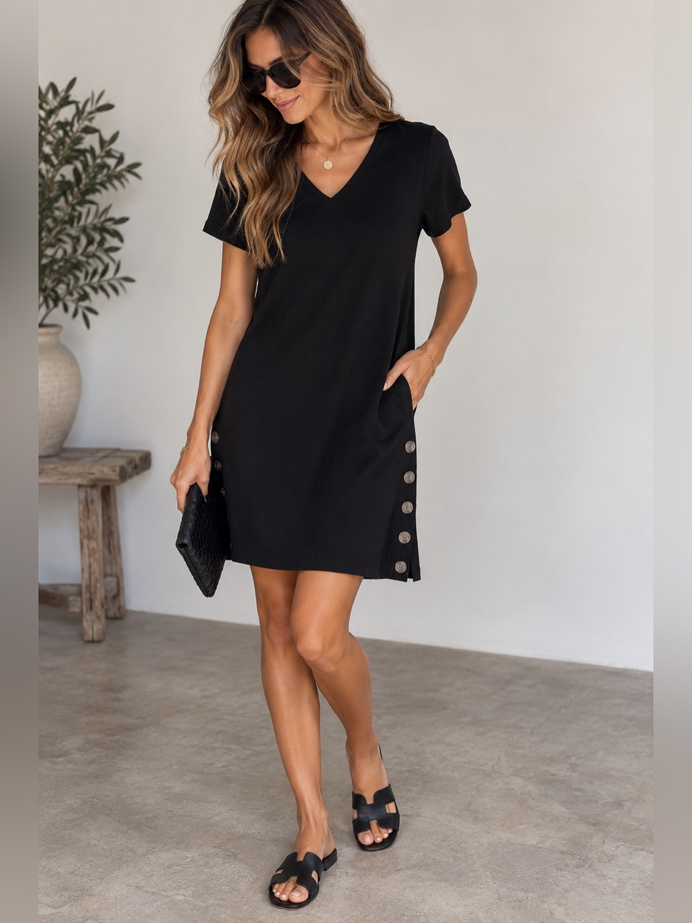 Madewell Black V-Neck Button Side Shift Dress Size Small 🖤